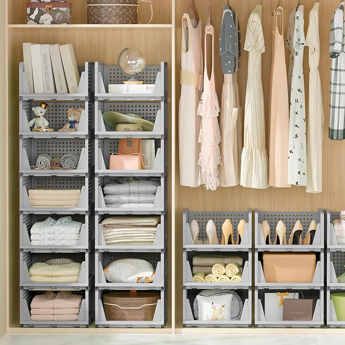 Stackable Plastic Storage Drawers for Closet Organizers and Storage, Open Storage Bins Closet Shelf Clothes Organizer for Closet Wardrobe (5, Grey)