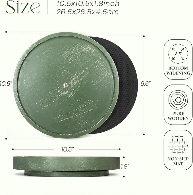 Pine Wood Non-Skid Lazy Susan for Table Top â 10.5" Lazy Susan Turntable for Cabinet, Kitchen Decor & Coffee Table - Ideal as a Spice Rack & Bathroom Tray with Rubber Mat (Green)