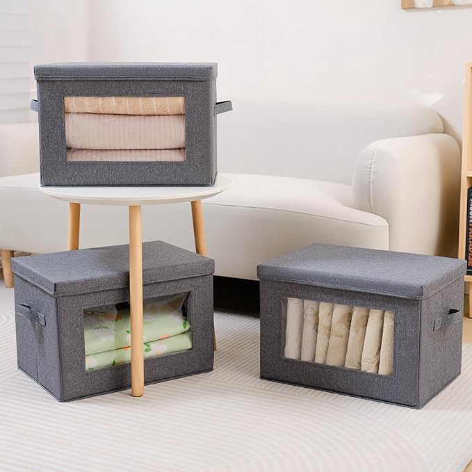 CityLife 3 Pack Foldable Storage Boxes with Lids (14.9x9.8x9.8 inches,Grey)