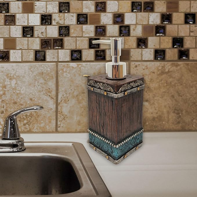 BestGiftEver Southwestern Soap Dispenser - Cowboy Bathroom Accessories - Faux Horns and Tooled Leather-Inspired Soap Pump - Native Indian Home Decor - Western Bathroom Decor Rustic Lotion Dispenser