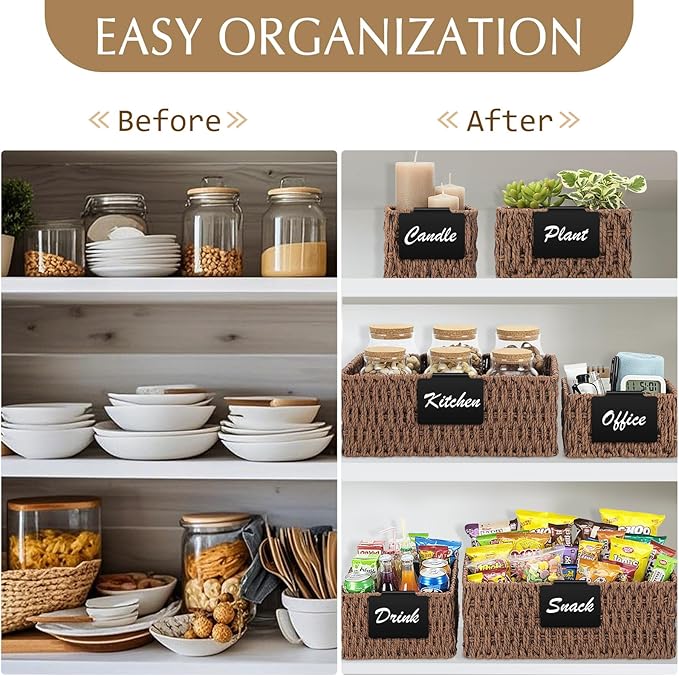 Marsui 6 Pcs Wicker Storage Baskets with Labels Handwoven Paper Rope Multi-size Brown Wicker Storage Bins for Organizing Small Baskets Container for Shelves Closet Pantry Toilet(Brown)