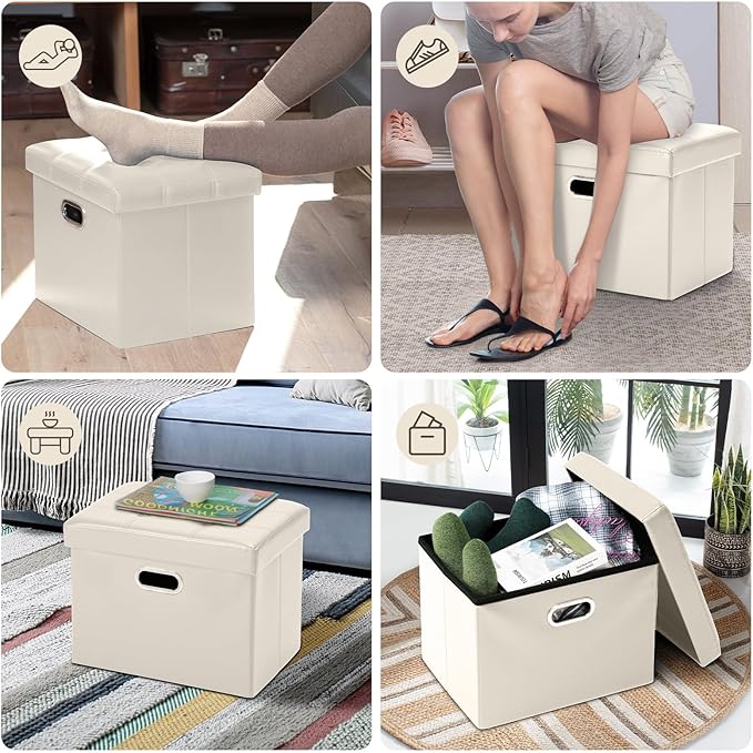 COSYLAND Storage Ottoman Foot Rest - 17x13x13in Leather Ottoman Rectangle Foot Stool Folding for Room Dorm Small Collapsible Bench Seat Organizer Entryway Furniture with Handles Lid Beige