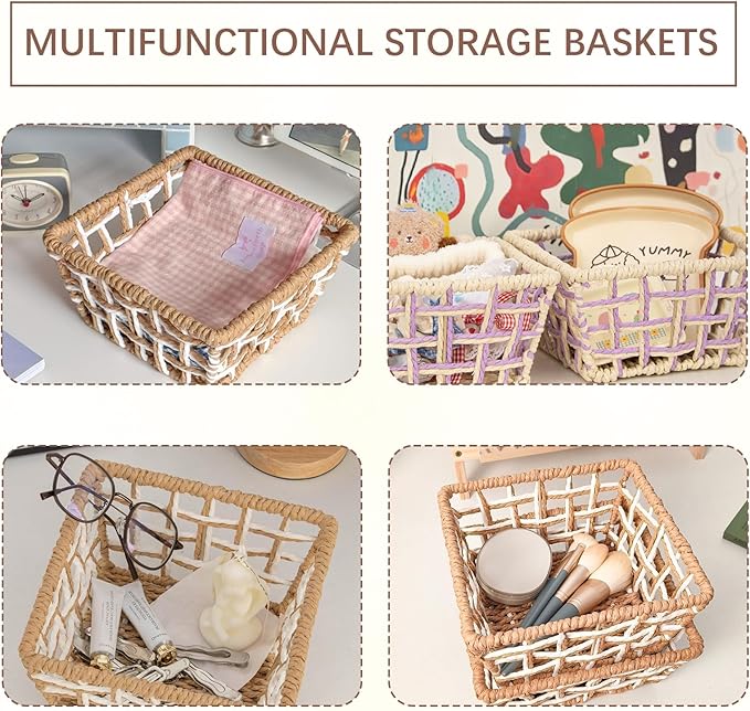 Woven Storage Basket, Rustic Farmhouse Decor, Multi-Purpose Organizer Bin, Countertop & Toilet Tank Basket for Home, Bedroom, Living Room, Entryway (Purple and Beige)
