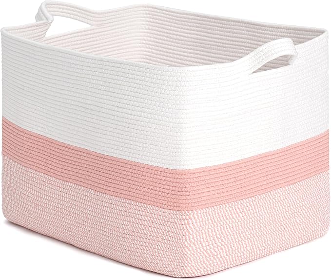CLHMILY&Z Stylish Square Cotton Rope Storage Basket (Pink & White, 110L)