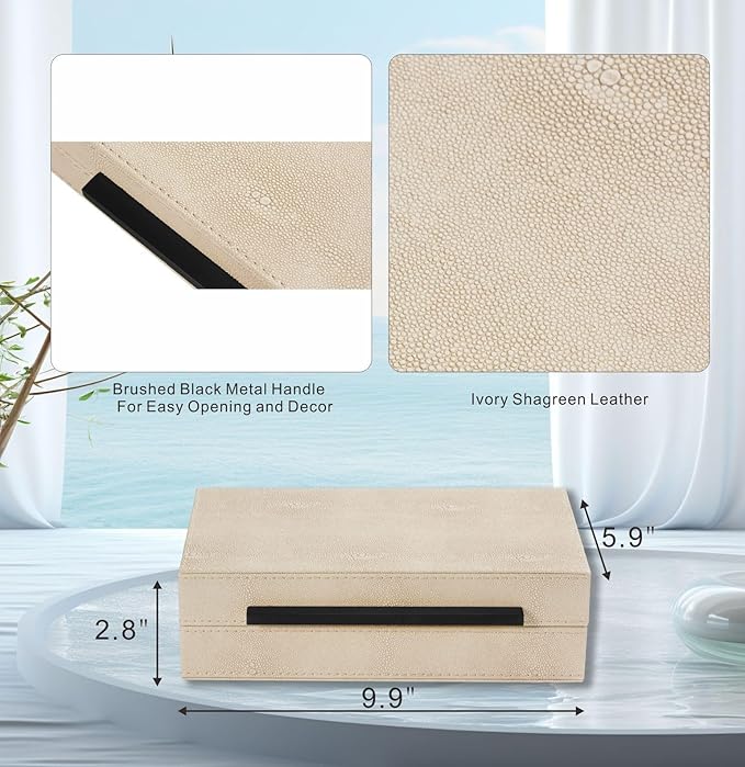 Sagala Ivory Shagreen Decorative Box with Black Handle, PU Faux Leather Keepsake and Memory Box, Exquisite Storage Box With Lids for Modern Home Decor, Jewelry Box Organizer (Ivory-Black, 1pack)