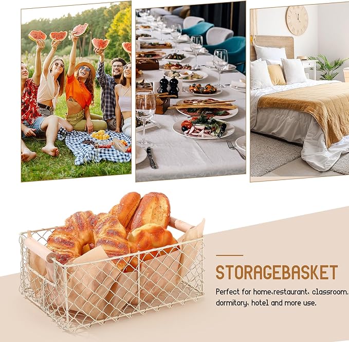 Honeydak 3 Set Wire Basket for Organizing with Wooden Handle Vintage Style Rectangle Mesh Metal Basket Food Storage Organizer for Home Kitchen Pantry Bathroom Picnic Cabinets (White)
