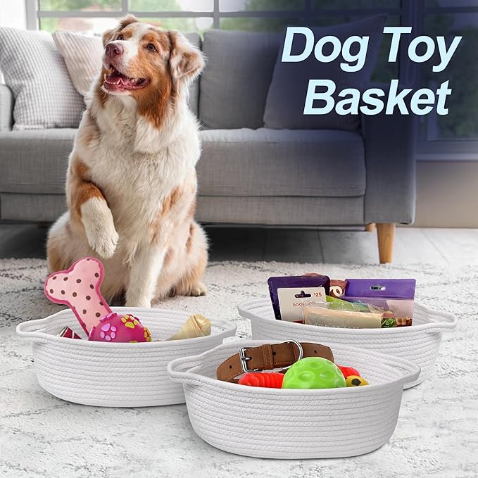 White Small Woven Basket, 13â x 9â x 5â Baskets for Gifts Empty Cotton Rope, Cute Nursery Baby Storage Organizer, Wicker Cat Toy Bin Box with Handles, Empty Gift Boo Basket