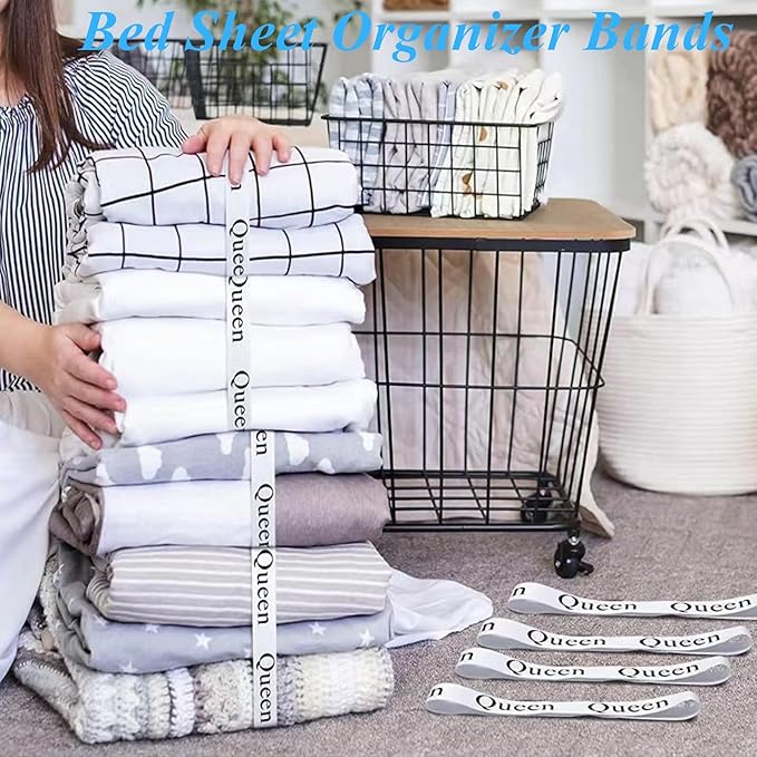 4pcs Bed Sheet Organizer Bands, Closet Organization Sheet Straps, Sheet Keepers Elastic Sheet Storage Sheet Sets for Organizing, Linen Labels Bedding Storage Bedroom (Queen)