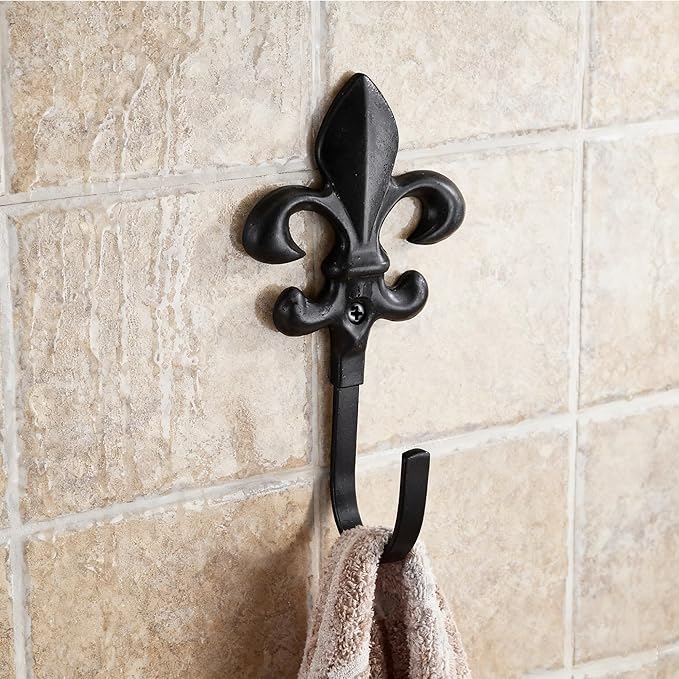 Decorative Wall Hooks for Hanging Things, Vintage Fleur De Lis Metal Coat Hooks, Heavy Duty Black Rustic Hooks for Key, Jewelry, Curtain Tie Backs, Towel, Hat, Small Decorative Hardware 4 Pack