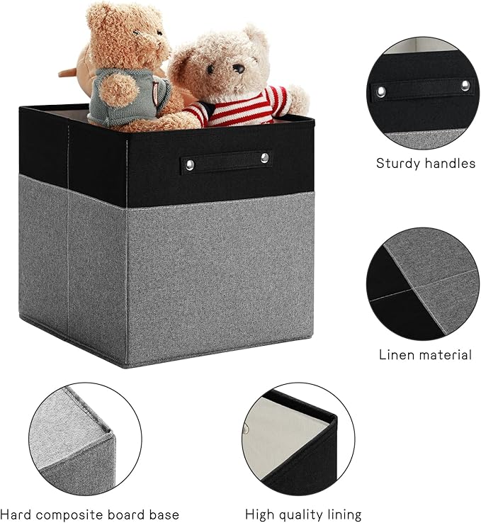 13 x 13 Inch Fine Linen Storage Bins with Handles,Fabric Cube Boxs,Basket Organizers for Shelves for Home, Closet Drawers (Black/Gray-6 Pack)