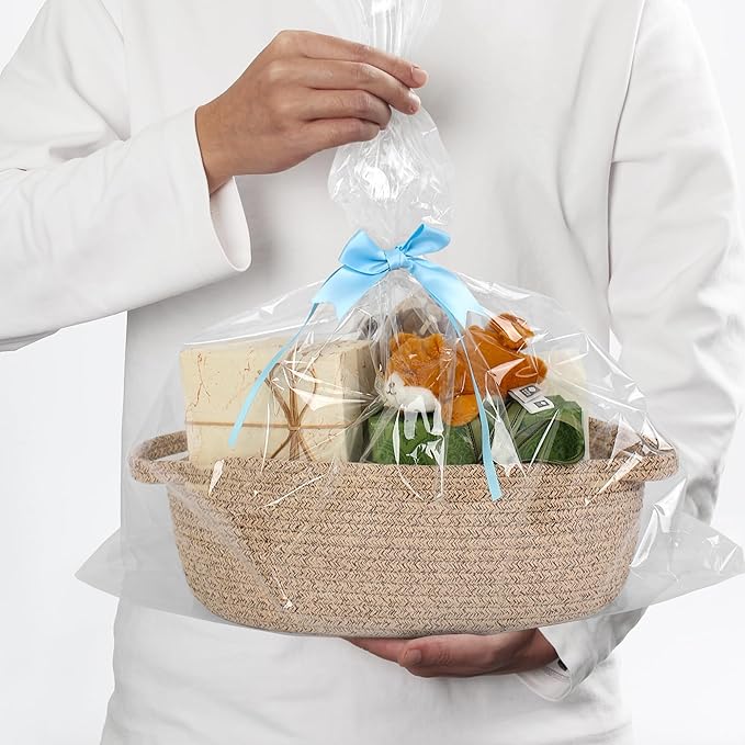 Brown Variegated Small Woven Basket, 13â x 9â x 5â Baskets for Gifts Empty, Cotton Rope Gift Basket, Cute Nursery Baby Organizer, Cat Dog Toy Bin Box, Wicker Storage Bin with Handle