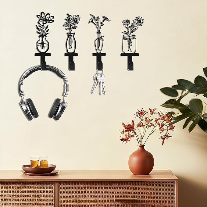 Decorative Wall Hooks, Metal Flowers Wall Decor with 4 Towel Hooks - Floral Vine Bathroom Hooks for Towels & Coats, Vintage Kitchen & Entryway Organizer