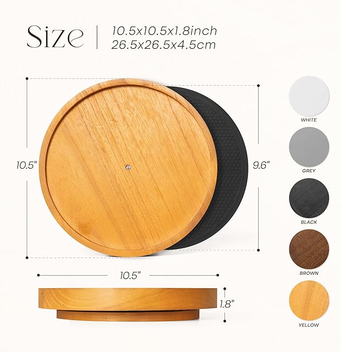 EOSAHR Non-Skid Wood Lazy Susan Organizer Turntable with Rubber Mat â 10.5" Lazy Susan Turntable for Cabinet, Table Top, Pantry & Kitchen Sink - Effortless Bathroom Vanity Tray (Light Brown)