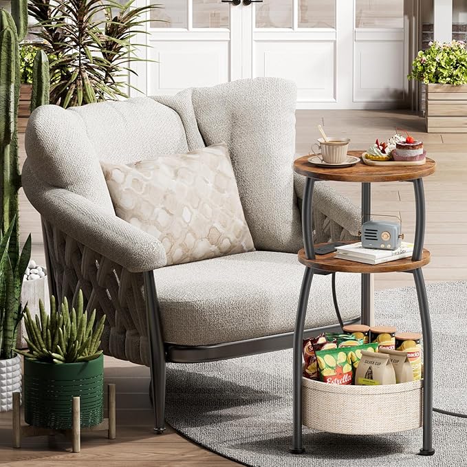 Side Table with Charging Station, Small Round End Table with Basket, USB Port and Outlet, 3 Tiers Sofa Couch Table Bedside Table for Living Room Bedroom, Small Spaces, 11.81in Rustic Brown
