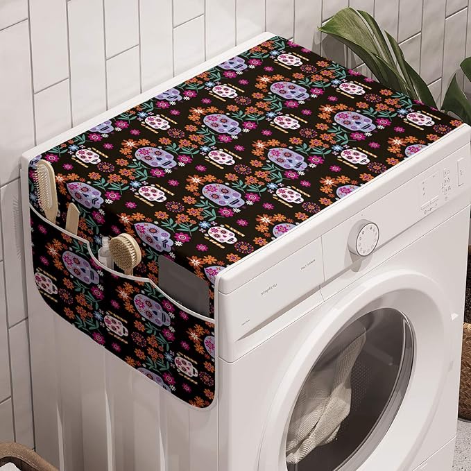 Ambesonne Dia De Los Muertos Washing Machine Organizer, Continuous Mexican Sugar Skull Pattern with Flowers on Dark, Anti-slip Fabric Cover for Washers and Dryers, 47" x 18.5", Purple Black