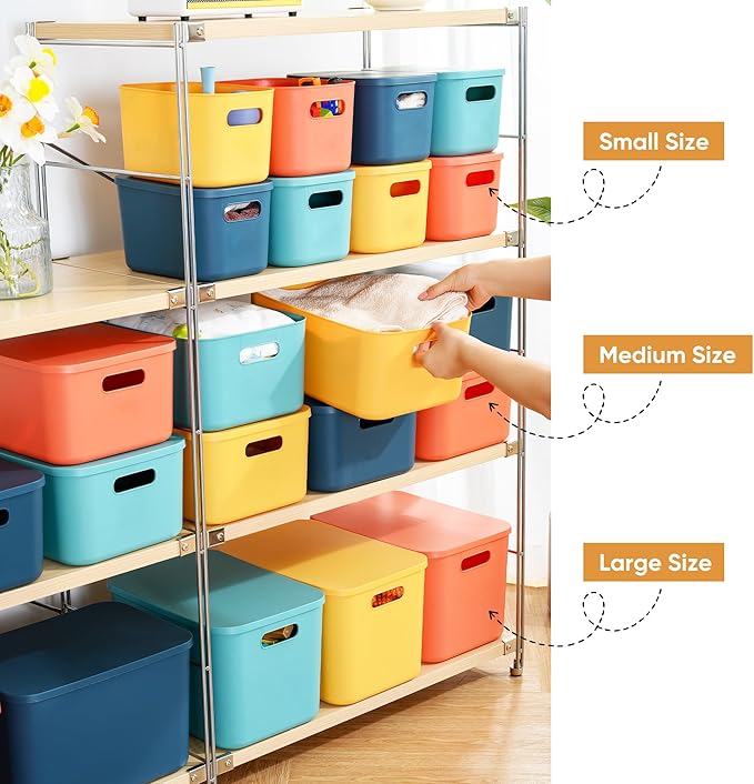 Plastic Storage Bins with Lid, Stackable Storage Containers for Organizing, Decorative Storage Baskets for Shelves Living Room Playroom Classroom Office (4 Large + 4 Small)