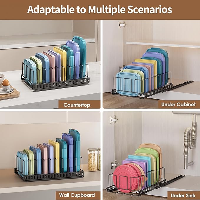 Housolution Pull Out Food Container Lid Organizer with Sliding Rail, Slide Out Plastic Lid Holder Compatible with Tupperware, Metal Storage Rack with 10 Adjustable Dividers for Cabinet, 1 Pack