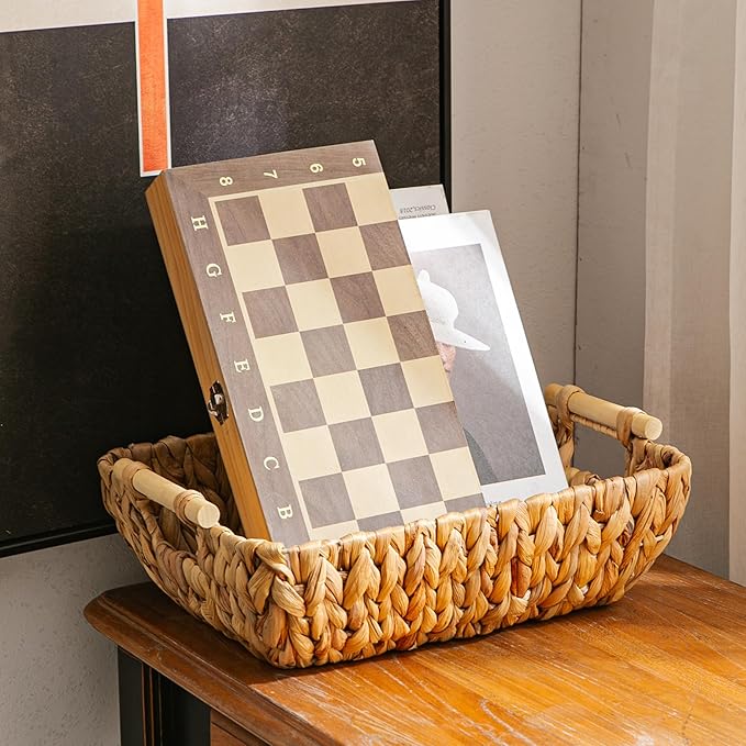 Woven Storage Baskets â Set of 3 Handwoven Water Hyacinth Wicker Baskets with Wooden Handles for Organizing, Decorative Baskets for Laundry Room, Home Decor - Large, Medium & Small