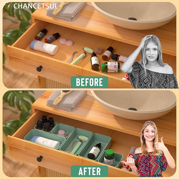 6 Pcs Stackable Drawer Organizer Set Desk Drawer Dividers, Bathroom Vanity Cosmetic Makeup Trays , Multipurpose Plastic Storage Bins for Jewelries, Kitchen Gadgets and Office Accessories, Green