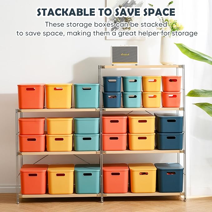 Plastic Storage Bins with Lid, Stackable Storage Containers for Organizing, Decorative Storage Baskets for Shelves Living Room Playroom Classroom Office (Medium 2PCS (Blue+Green))