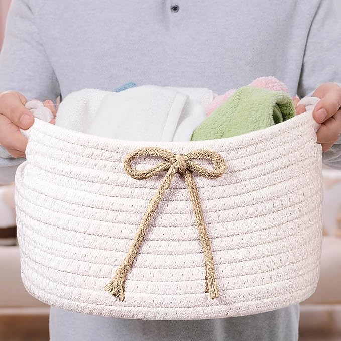 Breling 3 Pieces Bow Laundry Baskets with Coquette for Kids,Basket Bow Woven Gift Baskets with Handles for Living Room Toys Organizer,Girls Nursery Playroom, Pet Toy Basket(Khaki, White)