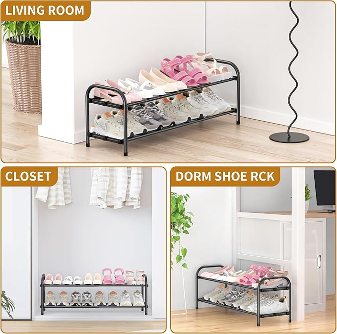 2-Tier Expandable Shoe Rack for Entryway,Adjustable Metal Shoe Organizer for Closet,Living Room,Dorm,Black