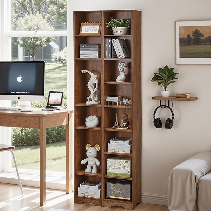 VECELO Narrow Tall 71 inch Adjustable Bookshelf - Customizable Shelf Heights, Elevated Dust/Moisture-Proof Base, Rustic Wood Display Shelf for Living Room Bedroom Small Spaces-Brown