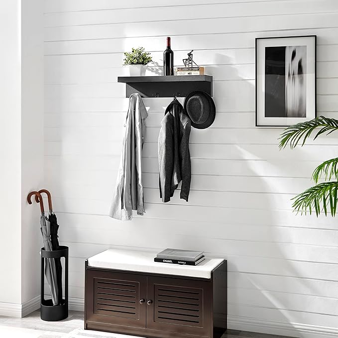 Danya B Wall Mounted Entryway Floating Coat Rack with Four Hanging Hooks and Decorative Ledge Shelf - Great for Entryways, Hallways, Bedrooms, Kitchens, and Bathrooms (Black)