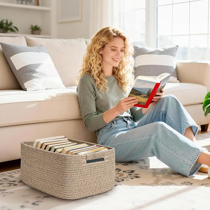 4 Pack Large Storage Basket for Organizing, 17.5"x13.5"x7.5" Woven Basket for Shelves, Closet Cube Storage Bins with Wrapped Handle, Cotton Rope Baskets for Kitchen, Clothes, Toys(Natural)