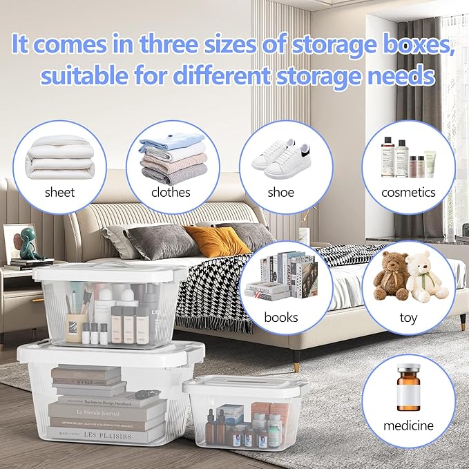 Stackable Plastic Storage Bins with Lids, 3 Pack (6, 10, 17 Quart) BPA-Free Containers, Top Handle and Safty Locks for Moving, Dorm, Garage, Closet - Clear
