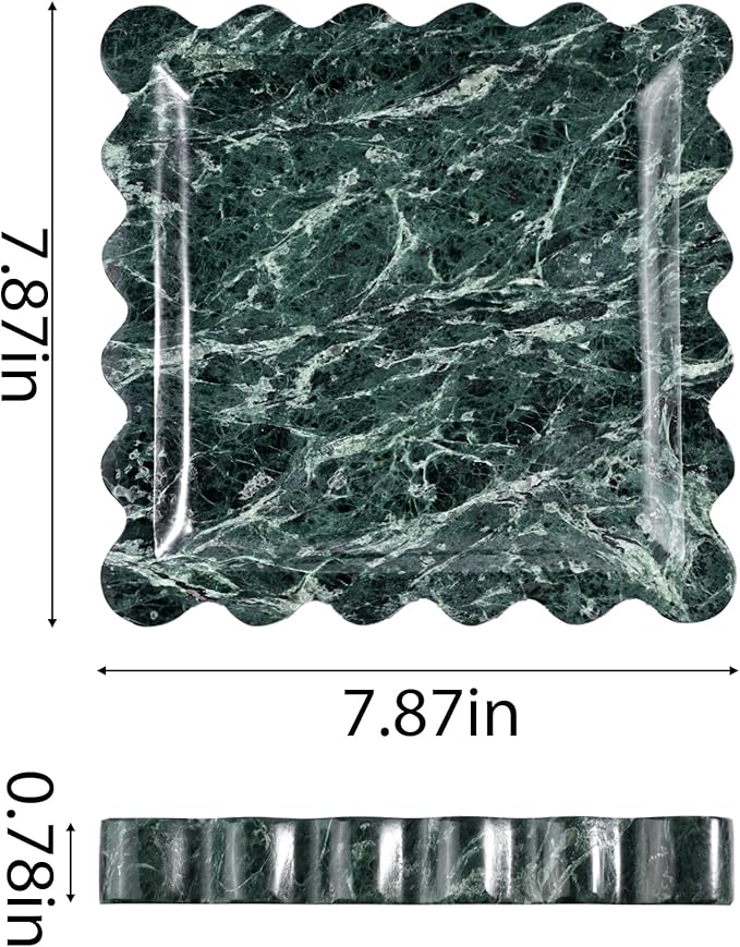 Elegant Square Marble Decorative Tray with Scalloped Edge Natural Stone Vanity Tray Organizer for Counter, Vanity, Dresser, Nightstand, Bathroom & Kitchen Sink(Verde Alpi Green)