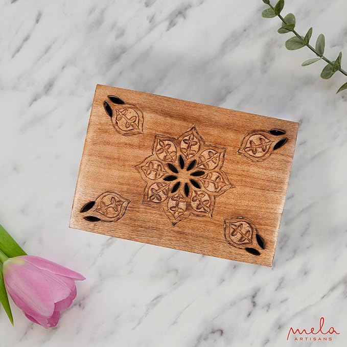 Mela Artisans Wooden Keepsake Box | Burnt Mango Wood Memory | Photo Storage Box with Hinged Lid | Decorative Storage Box | Mediumc | 7.5x4.5x3 Inch