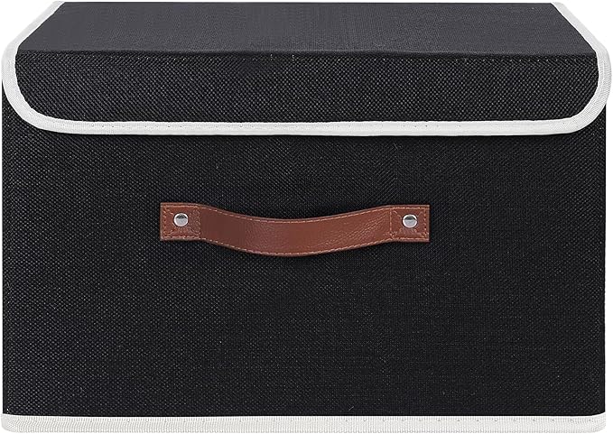 ANMINY 2PCS Storage Bins with Lid PU Leather Handles Storage Boxes PP Plastic Board Decorative Foldable Lidded Cotton Linen Fabric Home Cubes Baskets Closet Organizer Containers - Black, Large Size