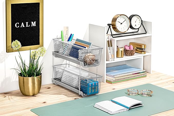 Madesmart Mini 2-Tier Plastic Multipurpose Organizer with Divided Slide-Out Storage Bins, Compact Under Sink and Cabinet Organizer Rack, Carbon