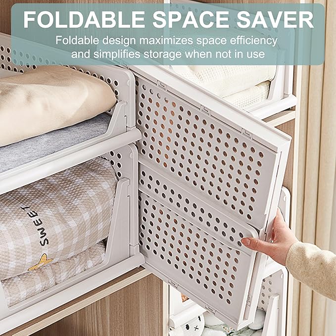5 Pack Stackable Foldable Storage Baskets - Folding Storage Bins, Multifunctional Closet Organizers for Wardrobe, Cupboard - Space-Saving Clothes Storage Hat Organizer (White, 5L)