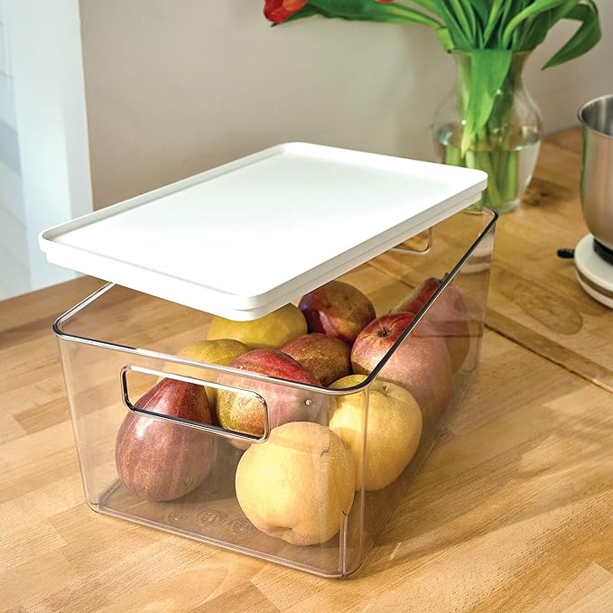 iDesign Pantry Bin with Removable Lid - Plastic Storage Bin with Handles - Set of 6, Clear/White