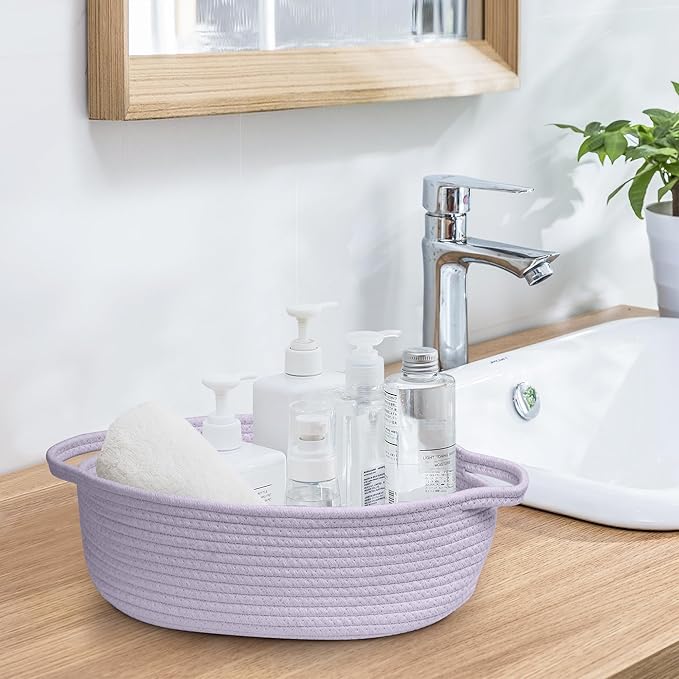 Purple Small Woven Basket, 13â x 9â x 5â Baskets for Gifts Empty, Cotton Rope Gift Basket, Cute Nursery Baby Organizer, Cat Dog Toy Box, Oval Wicker Storage Bin with Handle