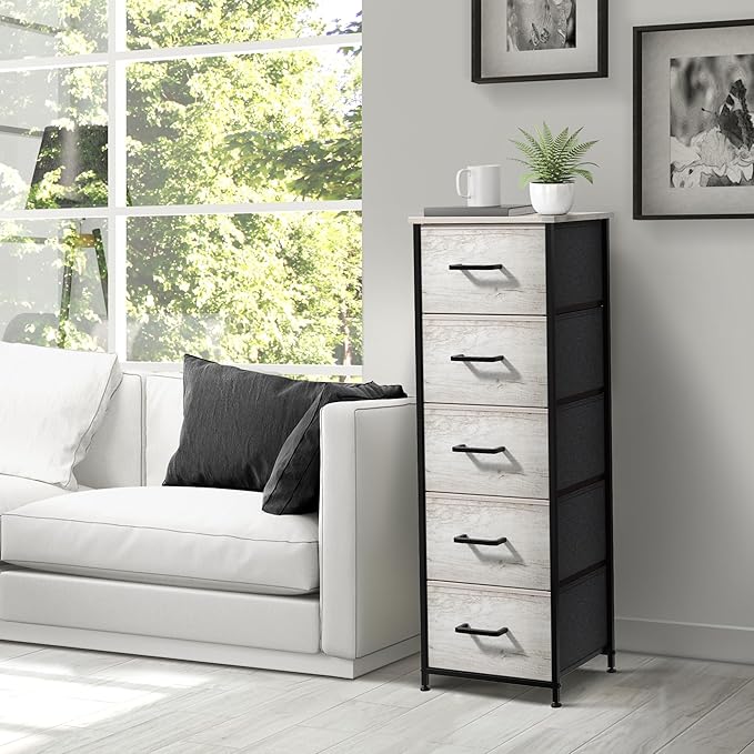 Sorbus Nightstand Dresser with 5 Faux Wood Drawers â Tall Bedside Table Chest with Storage, Steel Frame, Wood Top, Easy Pull Fabric Bins for Bedroom, Living Room, Closet & Dorm Furniture Lamp Stand