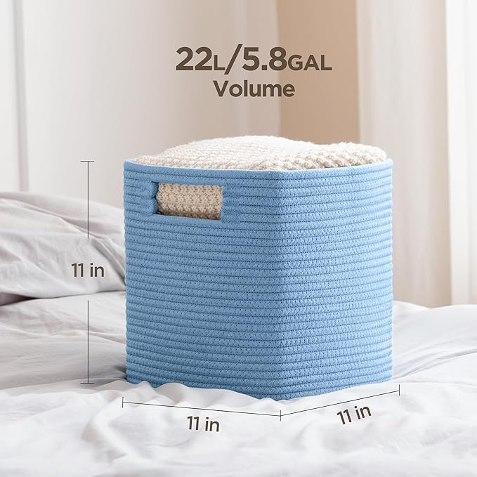 UBBCARE Storage Cubes 11 Inch, Cotton Rope Woven Baskets for Organizing, Cube Storage Bin for Baby Nursery, 4-Pack Square Toy Storage Baskets for Shleves Organizer, Closet, Kidsroom, Blue