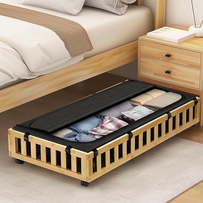 2 Pack Bamboo Under Bed Storage with Wheels, 39âx20âx7.8â Lager Under Bed Storage Containers (Natural)