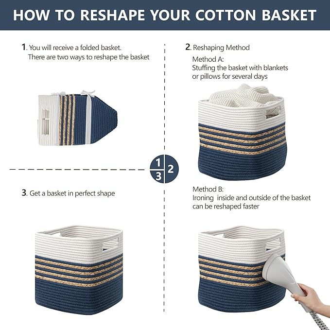 UBBCARE Set of 4 Storage Cubes 13 X 13 X 13 in, Water Hyacinth Storage Bins for Shelves, Toys, Book, Storage Baskets with Handles, Cotton Rope Woven Baskets for Organizing, Navy Blue
