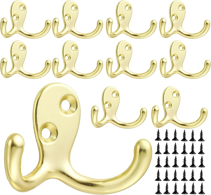 Coat Hooks Wall Hooks for Hanging - 15 Pack Gold Double Prong Hook Wall Mounted - Great for Living Room, Bedroom, Bathroom, Closet for Coat, Bag, Towel, Hat, Key, Cup, Heavy-Duty, Easy to Install