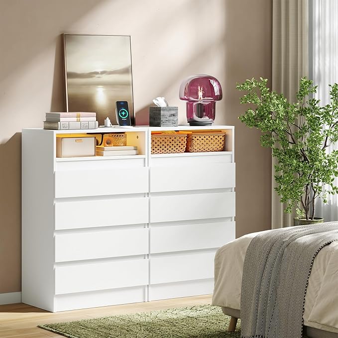 4 Drawer Dresser with Charging Station and LED Lights, Modern Chest of Drawers with Power Outlet, Organizer Cabinet for Bedroom, Living Room, Entryway, White