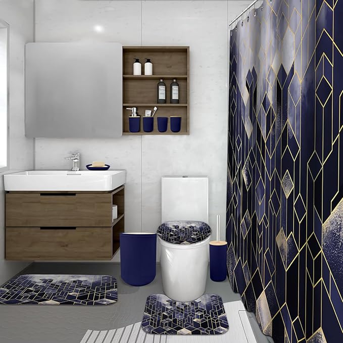Lnond Blue Bathroom Set, Blue Abstract Cubes Bathroom Accessories Sets Complete, Luxury Restroom Set with Shower Curtain and Rugs, Trash Can, Toilet Brush Holder Set & Soap Dispenser