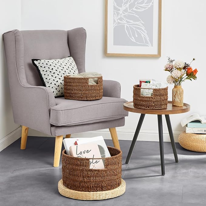 Vagusicc Wicker Storage Basket, Hand-Woven Paper Rope Large Round Woven Basket With Handles, Wicker Baskets for Organizing/Storage, Brown, 3-Pack