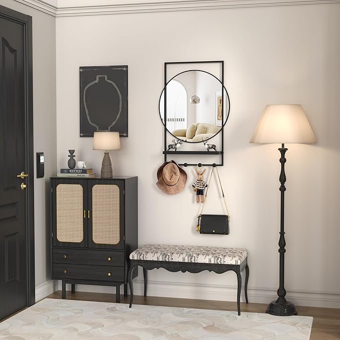 WONSTART 28 x20 Inch Entryway Mirror with Hooks, Bathroom Mirror with Shelf, Rectangular Frame Round Wall Mirror with Shelf and Hooks, Vanity Mirror Decorative for Wall