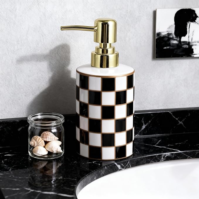 Checkered Bathroom Soap Dispenser,Gold Pump Ceramic Soap Dispenser,Kitchen Checkerboard Empty Pump Bottle,Bath Countertop Storage Organizer,Checkered Bathroom Decor (Black)