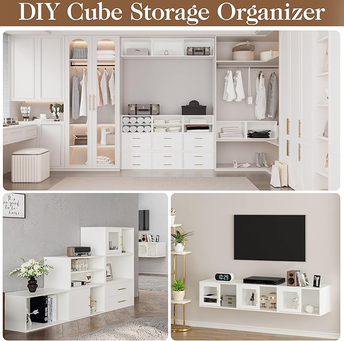 White Nightstand with Sliding Door, 2 Pcs Stackable Cubby Storage Organizers, Wood Dressers for Closet, Modern Storage Cubes for Living Room and Bedroom