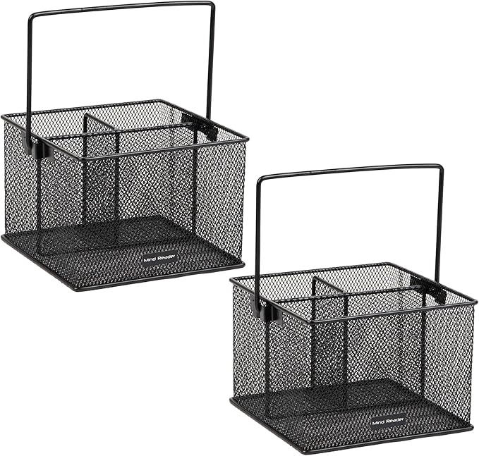 Mind Reader Utensil Holder, Silverware and Napkin Caddy, Outdoor Utensil Organizer, Metal Mesh, 7"L x 7"W x 5"H, Set of 2, Black