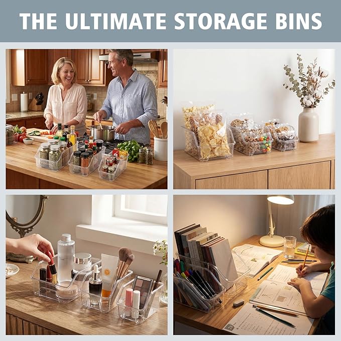 LemonRoad 6 Packs Clear Freezer Organizer Bins with Handle Pantry Vegetable Organizers and Storage Stackable Open Front Fridge Storage Egg Salad Containers for Kitchen Refrigerator Cabinet Closet